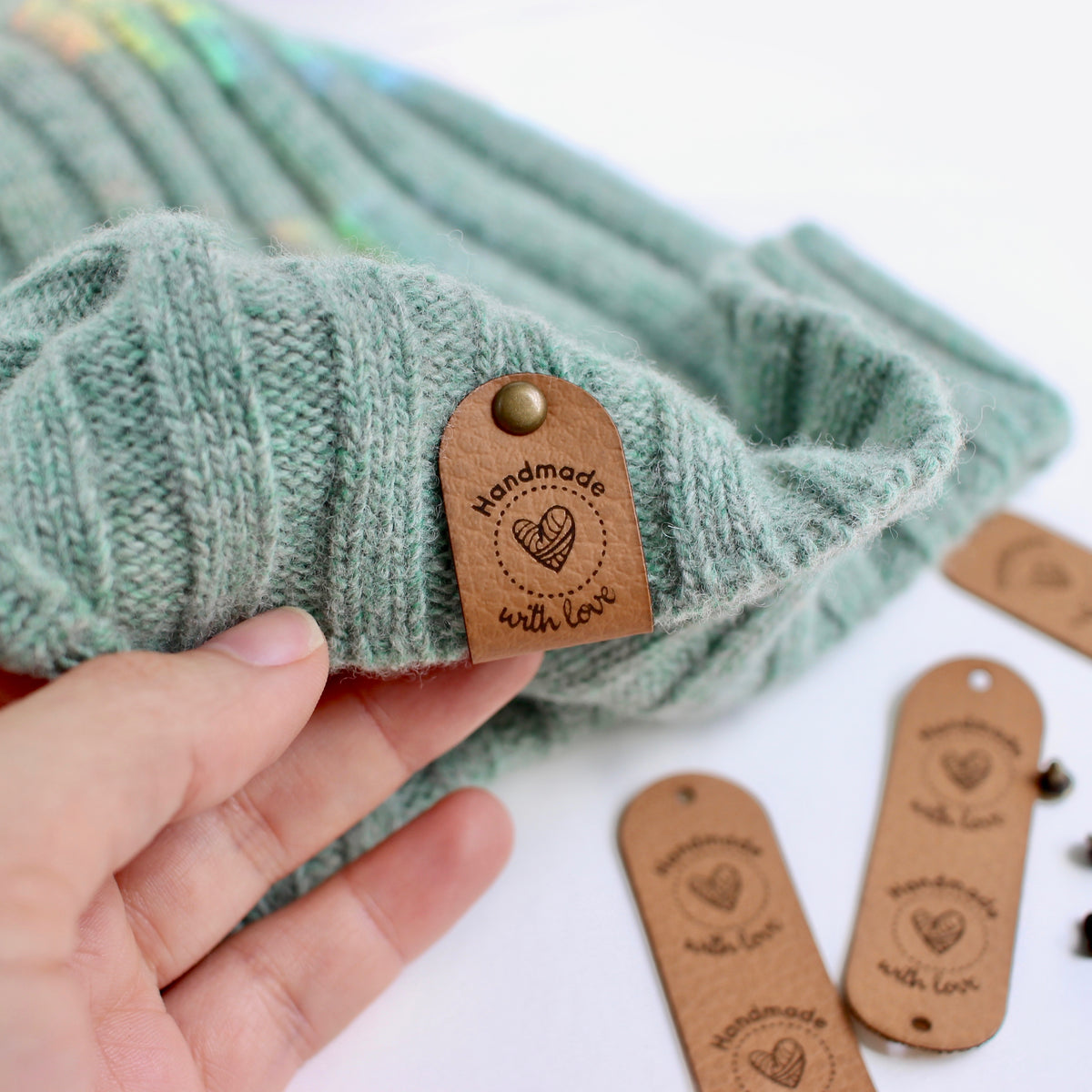 Handmade with love' tags for knits and crochet with rivets - 2.5x0.75
