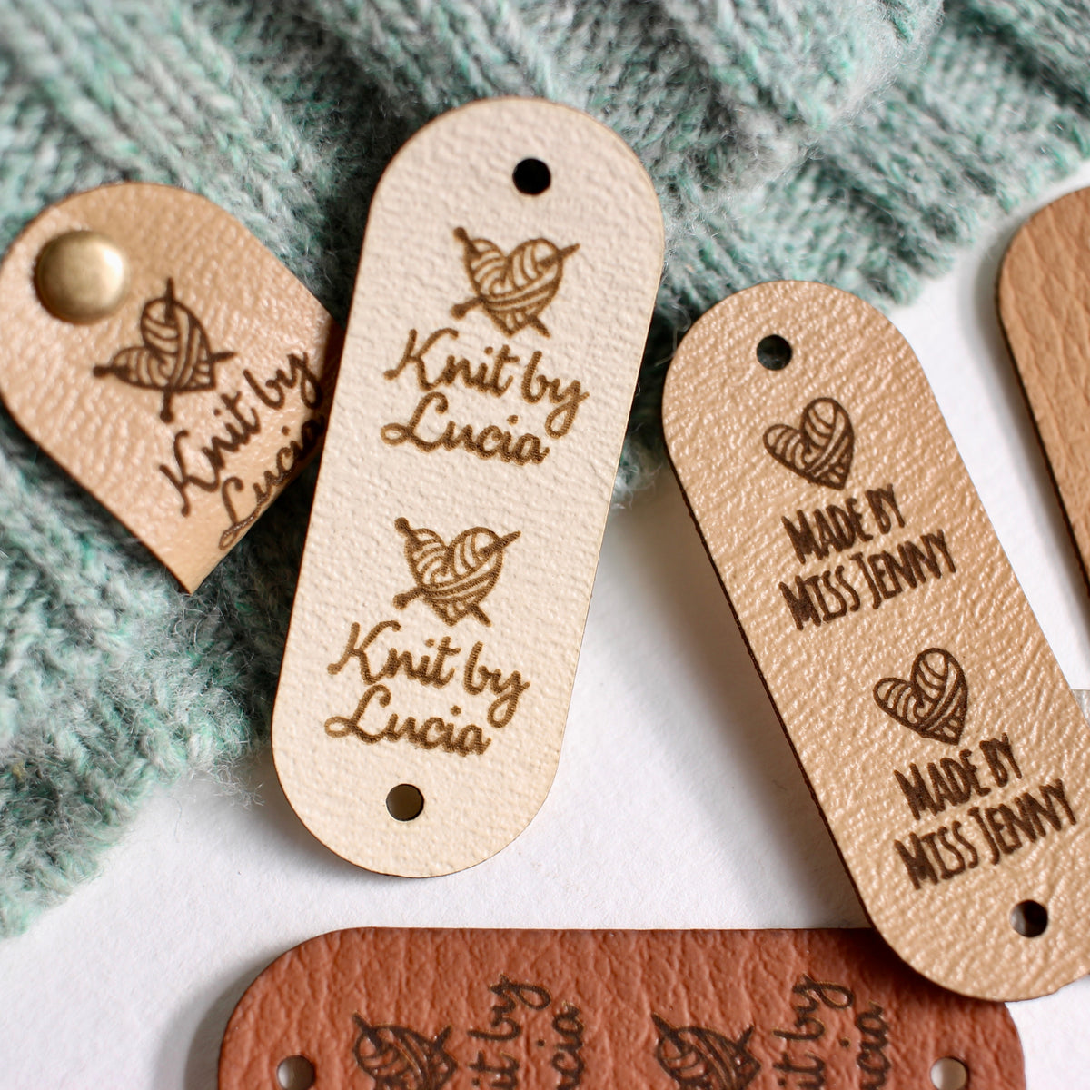  Customized 2 x 1 in Faux Leather Product Tags, SEW-ON  Personalized Tags for Knitting and Crochet, Rivets Cute Labels Handmade  Items (100 Labels) : Handmade Products
