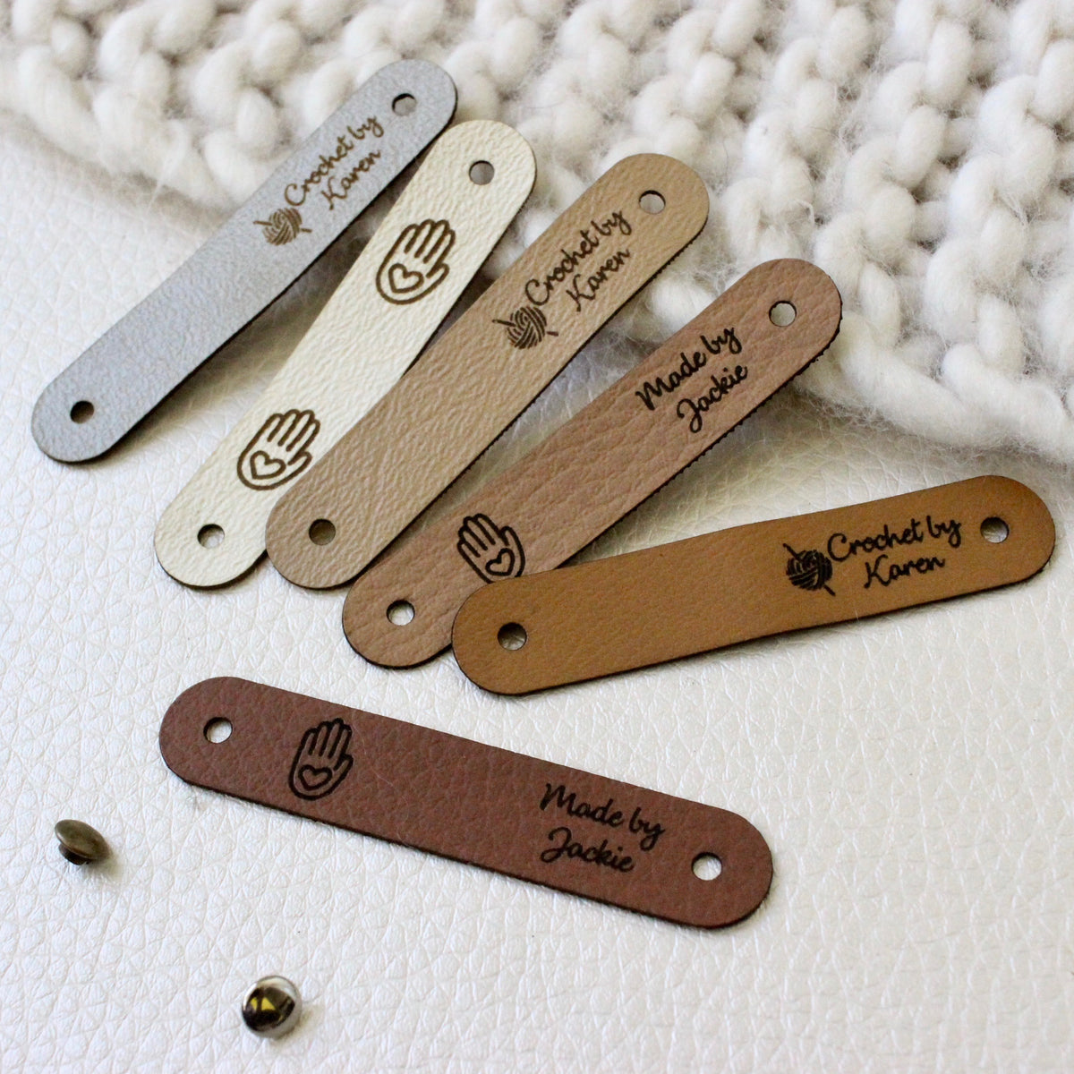  Customized 2 x 1 in Faux Leather Product Tags, SEW-ON  Personalized Tags for Knitting and Crochet, Rivets Cute Labels Handmade  Items (100 Labels) : Handmade Products